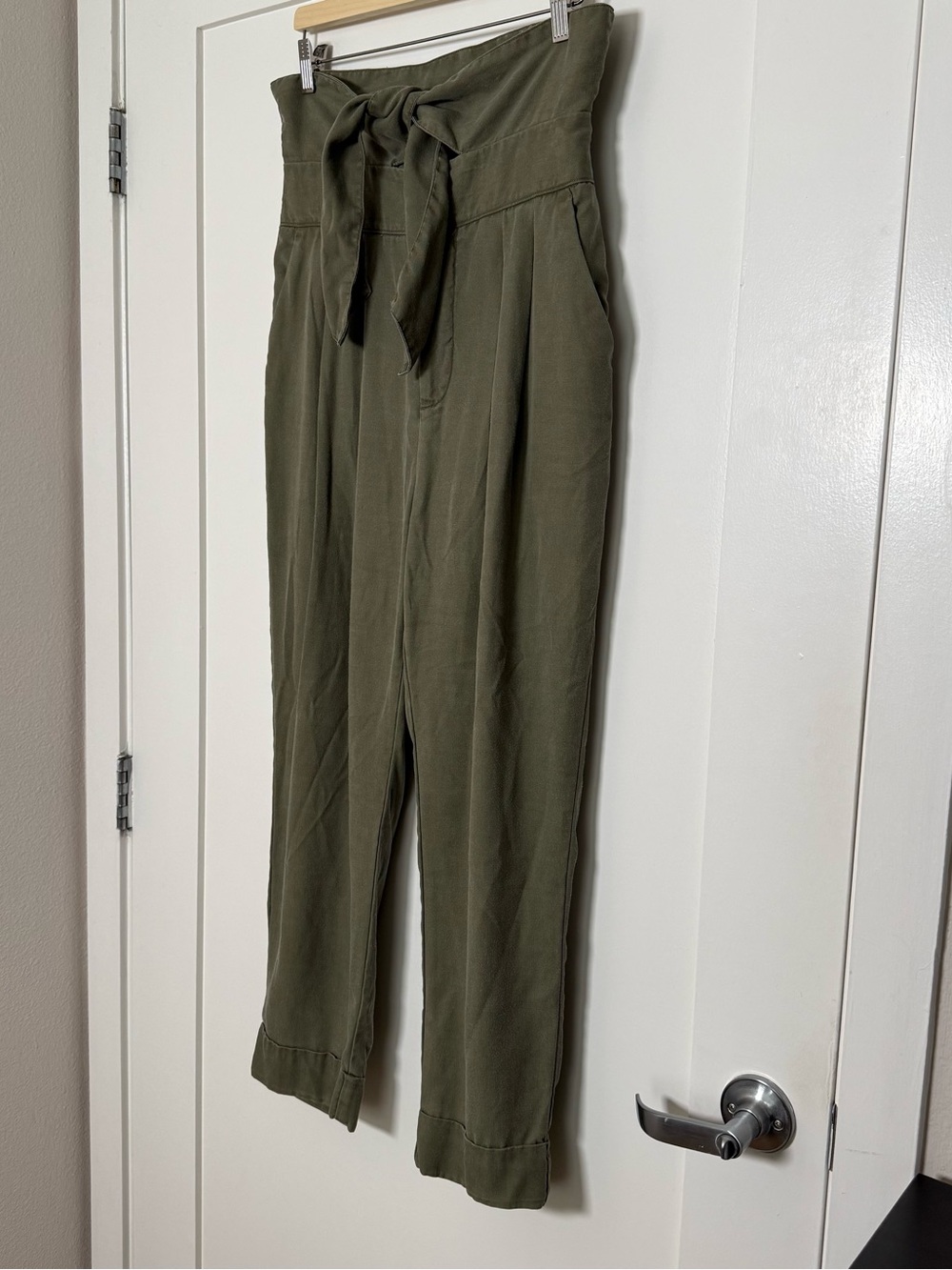 Cartonnier Anthropologie Paperbag Pants Sz 8 Olive Green Cropped Tie Waist 90s - Picture 2 of 15